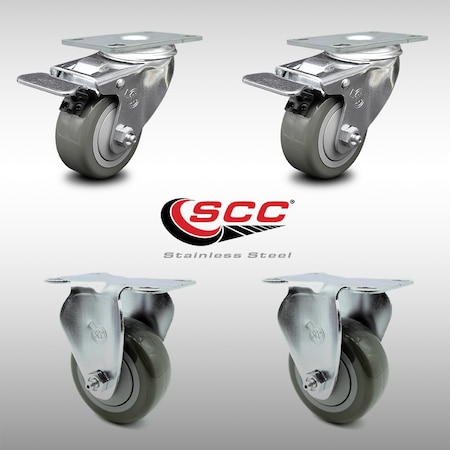 Service Caster 3.5 Inch SS Gray Polyurethane Top Plate Caster Lock Brake 2 Rigid SCC, 2PK SCC-SSTTL20S3514-PPUB-2-R-2